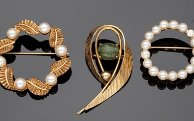 Three 14K Gold, Pearl, and Precious Stone Pins