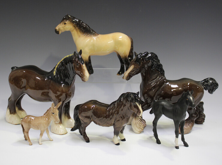 Three Beswick horses, comprising brown gloss Cantering Shire, No. 975, Highland Pony, No. 1644, and