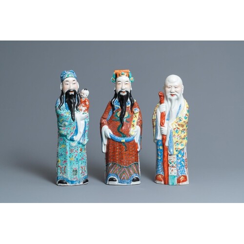 Three Chinese famille rose 'Star God' figures, seal marks, 1...