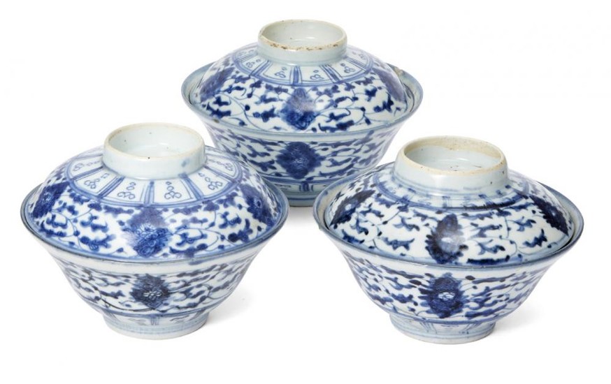Three Chinese porcelain rice bowls and covers,...