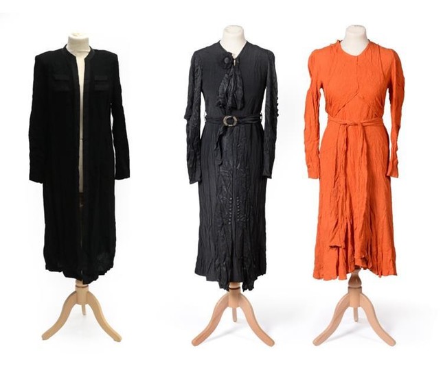 Three Circa 1920's Dresses, comprising an orange textured crepe day...