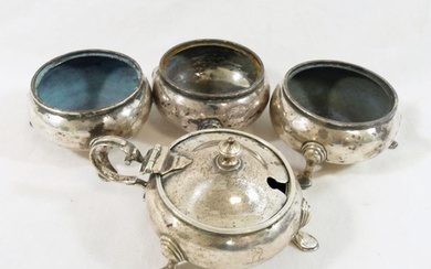 Three Georgian style circular silver salts and matching must...