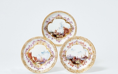 Three Meissen porcelain saucers with water landscapes
