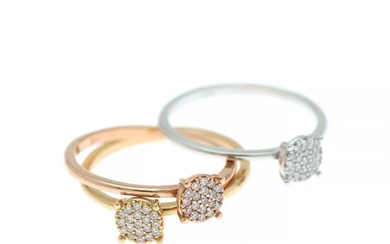 Three diamond rings each set with numerous diamonds, respectively mounted in 18k white, rose and yellow gold. Size 54. (3)