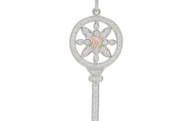Tiffany Platinum 18K Rose Gold Pink Diamond Daisy Key Pendant