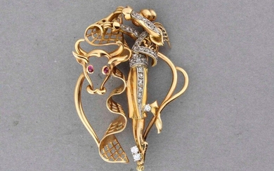Torero" brooch in gold enriched with rubies and diamonds -...