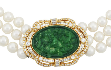 Triple Strand Cultured Pearl Necklace with Gold, Jade and Diamond Clasp-Brooch
