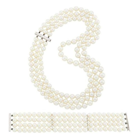 Triple Strand Cultured Pearl, White Gold and Diamond