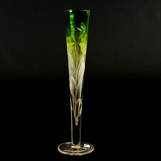 Trumpet Vase, Moser Green Shading To Clear Art Glass