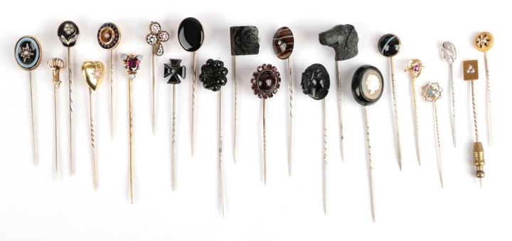 Twenty-Two Stick Pins, including agate examples; a dog's head example;...