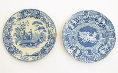 Two 19thC blue and white Spode plates, one decorated