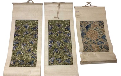 Two Chinese silk embroidered scrolls with butterflies and another earlier in date