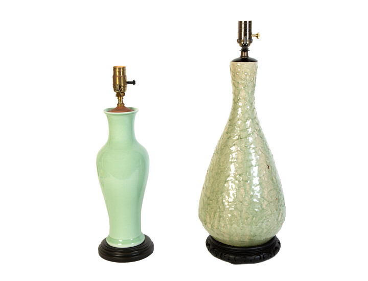 Two Green Glazed Vases Mounted as Lamps