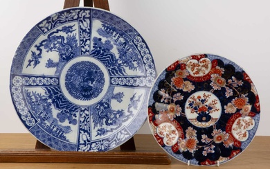 Two Imari circular chargers Japanese including a polychrome dish with...
