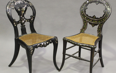 Two Victorian papier-mâché and mother-of-pearl inlaid bedroom chairs with caned seats, hei
