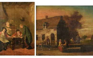 Two paintings of tavern scenes in the manner of Teniers, 18thC, 25 x 34 - 32 x 39 cm