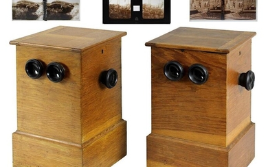 Two stereoscopes - tabletop stereo viewer in the early 20th century, with more than 200 stereo glass pictures, mostly with representations from WW I, very rare in this complexity and design, each case made of oak wood, hinged at the top, back with...