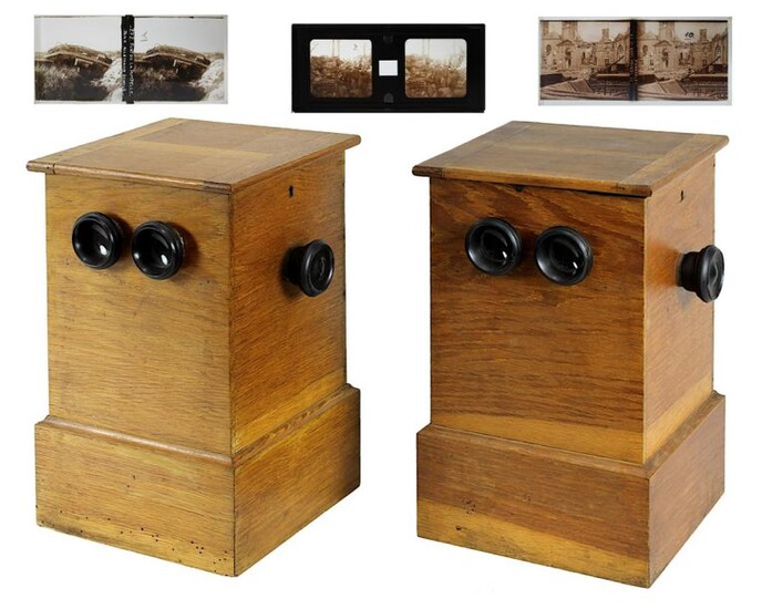 Two stereoscopes - tabletop stereo viewer in the early 20th century, with more than 200 stereo glass pictures, mostly with representations from WW I, very rare in this complexity and design, each case made of oak wood, hinged at the top, back with...