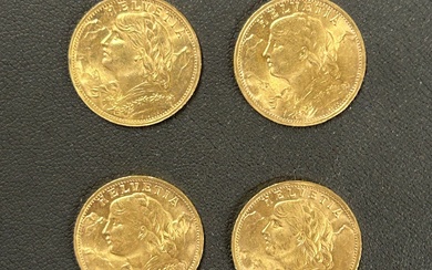 Un lot de 4 pièces de 20 Francs OR Suisse Helvetia 1935 (4) PN. 25,8...