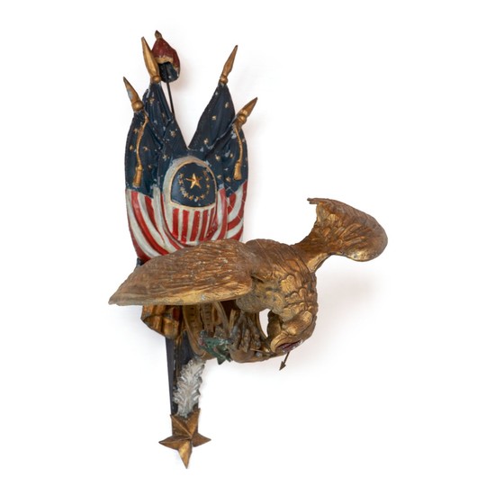 VERY RARE CAST AND POLYCHROME PAINT-DECORATED ZINC SPREAD-WINGED AMERICANA EAGLE WITH PATRIOTIC THEME, CIRCA 1880