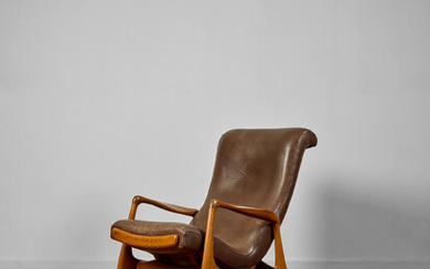VLADIMIR KAGAN (1927-2016) Rare Multi-Position Reclining Chaircirca 1956model VK100, for Kagan Dreyfuss, Inc., walnut, chrome plated metal, leather upholsteryheight 39 1/2in (100cm); width 37in (94cm); depth 27 1/2in (68cm)
