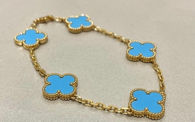 Van Cleef & Arpels 18K Yellow Gold Turquoise Vintage Alhambra 5 Motifs Bracelet