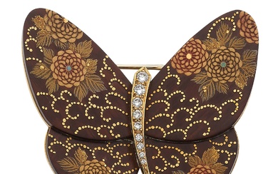 Van Cleef & Arpels, Wood, lacquer and diamond brooch, 'Kikumakie'