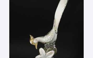 Venetian Art Glass Exotic Bird Sculpture White Flower