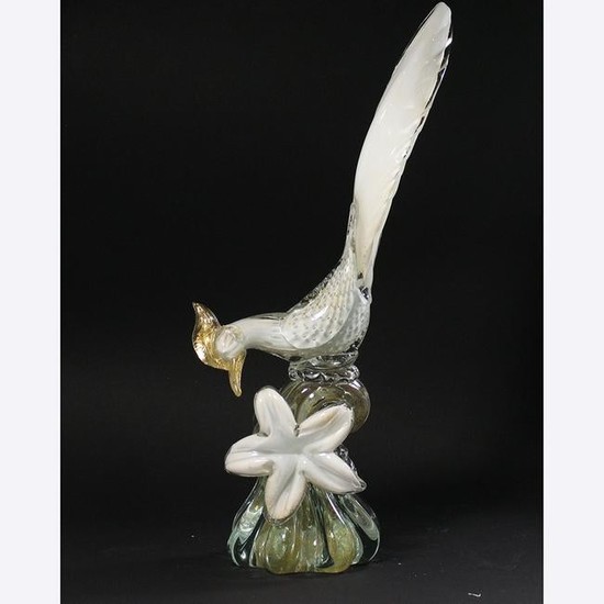Venetian Art Glass Exotic Bird Sculpture White Flower