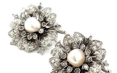 Victorian Platinum Natural Pearl & Diamond Flower Brooches