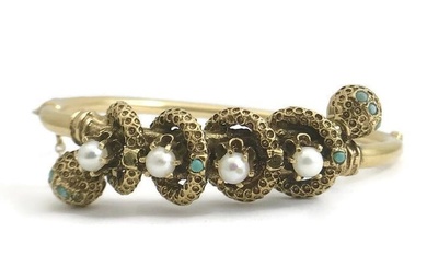 Victorian Revival Pearl Turquoise Bangle Bracelet 14K Yellow Gold, 20.39 Gr