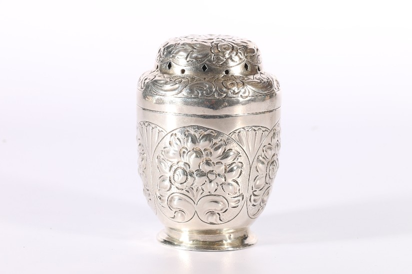 Victorian embossed and repousse silver muffineer or sugar ca...