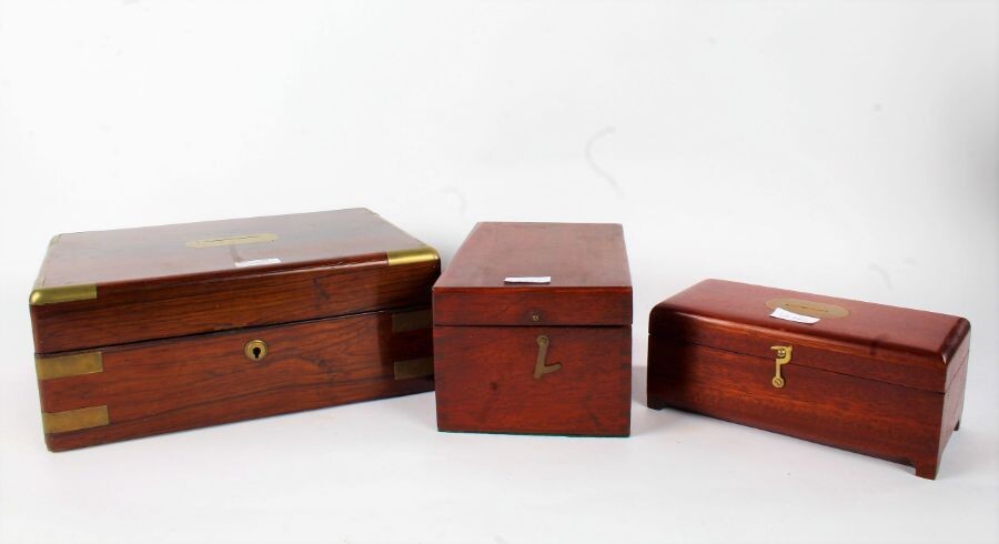 Victorian rosewood and brass bound box, 33cm wide, together with two modern boxes (3)