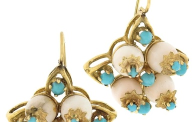 Vintage 18K Yellow Gold Bead Angel Skin Coral w/ Turquoise Drop Dangle Earrings