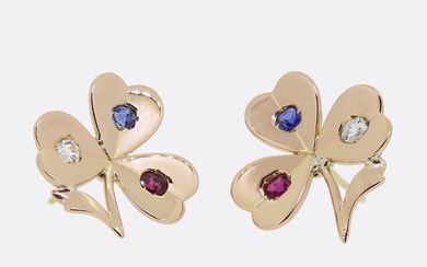 Vintage Diamond Ruby Sapphire Shamrock Earrings