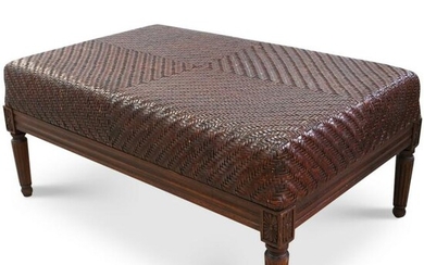Vintage Leather Woven Wood Ottoman