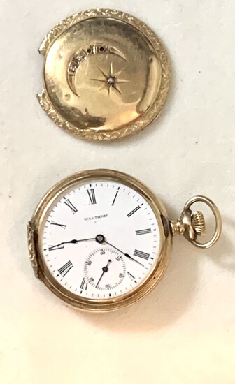 שעון כיס זהב עתיק "WALTHAM" משובץ עם 3 יהלומים?, 2 חסרים . מנגנון עובד. זהב 14 קראט. Warranted 14 K US Assay משקל כולל 43 גרם .מכסה של שעון דרוש תיקון