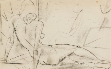 WILLIAM ZORACH Reclining Female Nude. Black chalk on cream laid paper. 306x482 mm;...