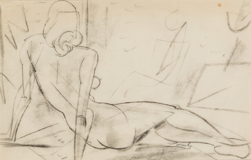 WILLIAM ZORACH Reclining Female Nude. Black chalk on cream laid paper. 306x482 mm;...