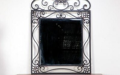 WROUGHT IRON CONSOLE TABLE WOOD TOP AND MIRROR