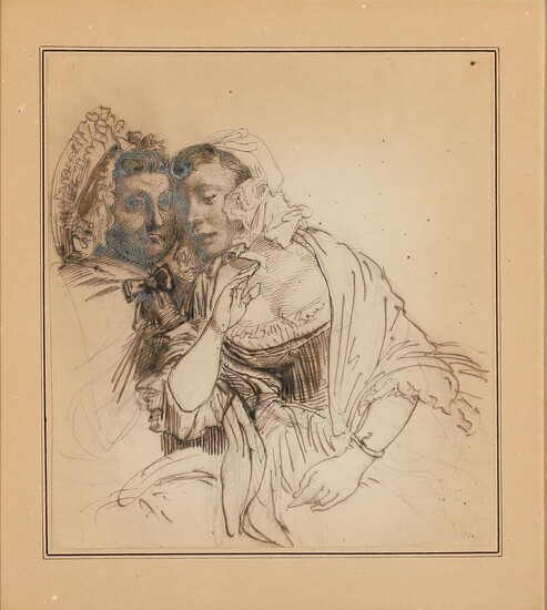 SOLD. Wilhelm Marstrand: A study for two of the sisters from "Barselstuen". Tergo A Wanderer. Monogram. Pencil, drawing ink and sepia on paper. 21 x 19 cm. – Bruun Rasmussen Auctioneers of Fine Art