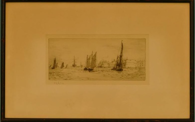William Lionel Wyllie, Drypoint Etching "Portsmouth Harbour" depicting sailing...