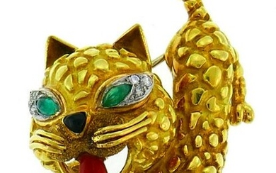 Yellow Gold CAT Pin BROOCH Clip with Coral Emerald and