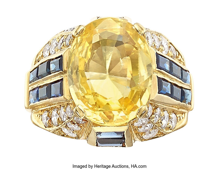 Yellow Sapphire, Diamond, Sapphire, Gold Ring Stones: Oval-shaped yellow...