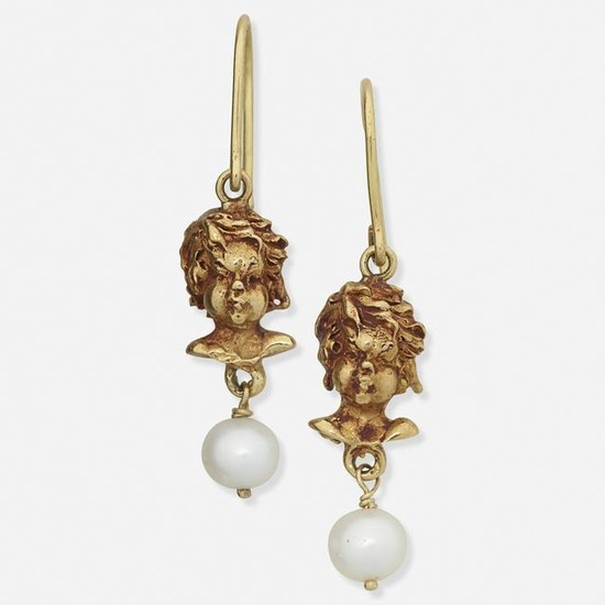 Yellow gold and cultured pearl putti drop earrings