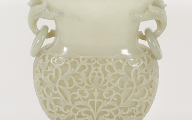 iGavel Auctions: Chinese Celadon Jade Double Handled Foliate Vase with Stand ASW1
