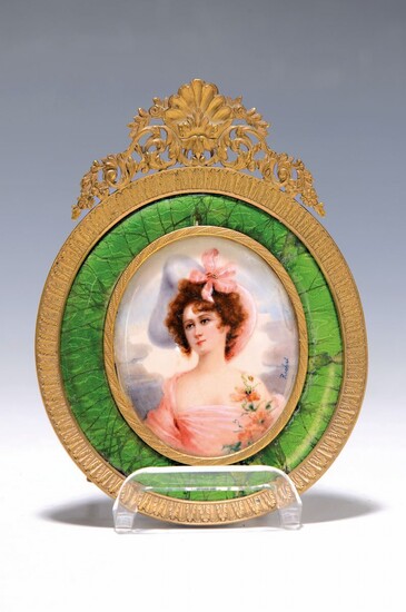 miniature painting in enameled frame, France, around 1900,...