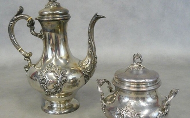 A coffee pot and a silver sugar bowl (Minerva), end...