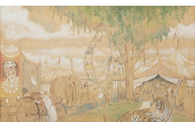 REYNOLDS BEAL (american, 1867-1951) "CIRCUS WITH TIGER" Signed bottom...