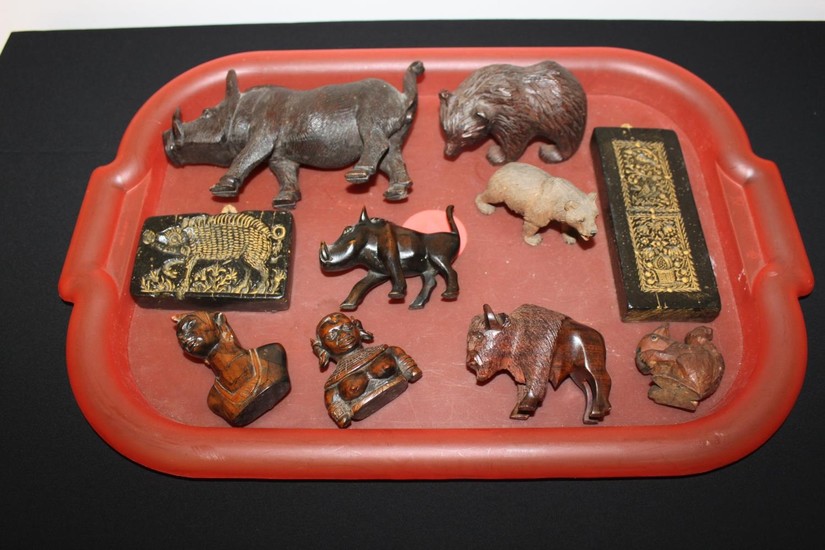 1 x tray containing wooden carved animals and African lady h...